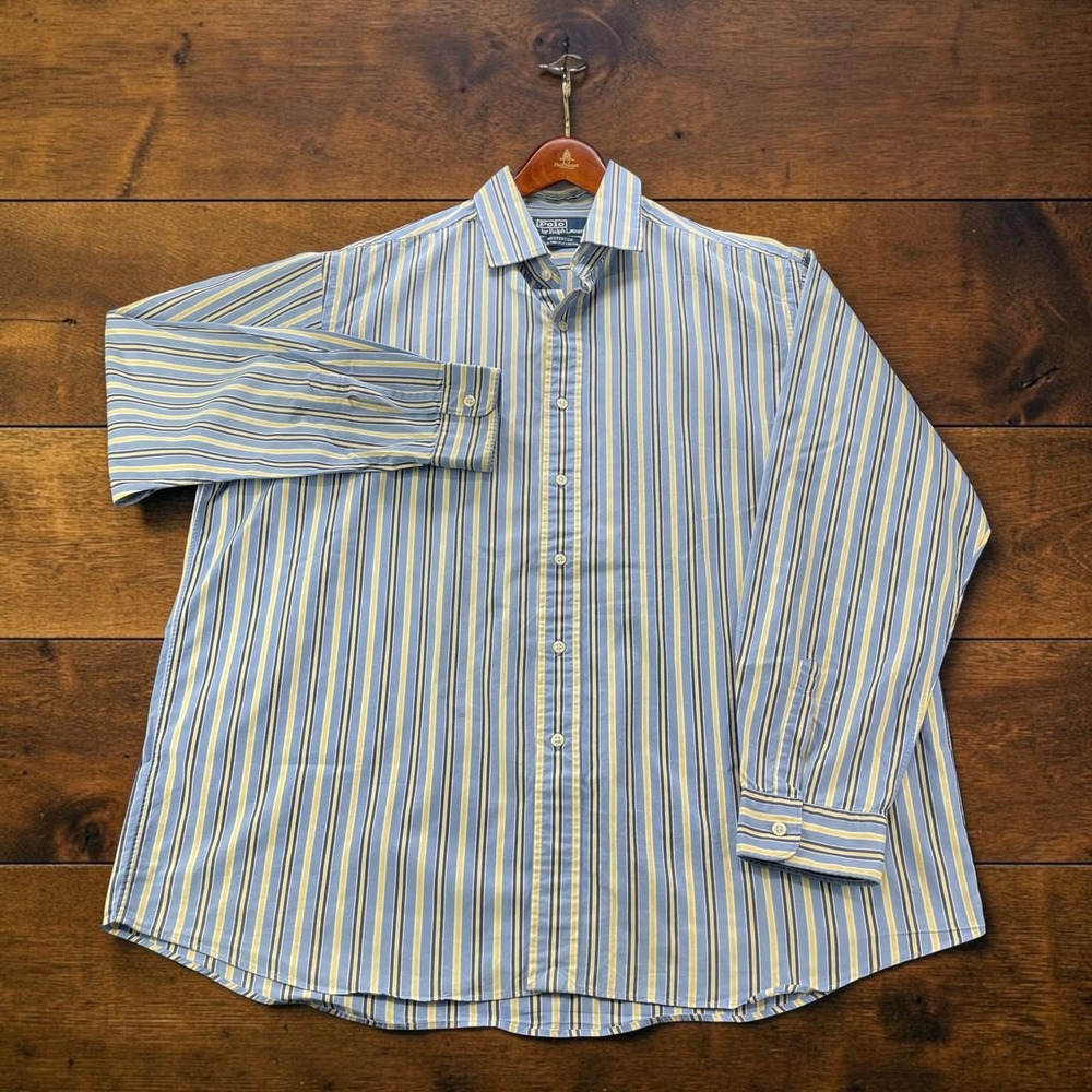 Polo Ralph Lauren Westerton Mens XL Dress Shirt Blue Yellow Navy Stripe Cotton